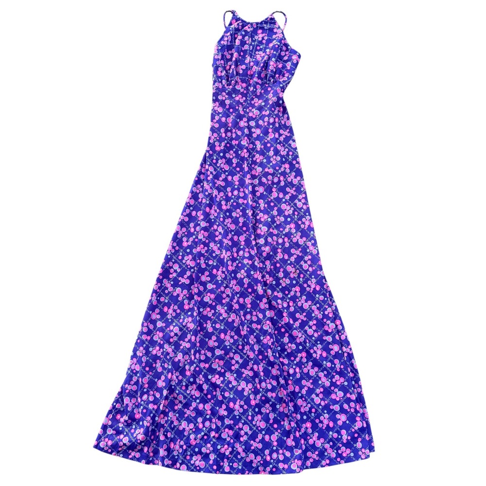Vintage 70s Psychedelic Geometric Halter Maxi Dress Open Back Small Purple Pink